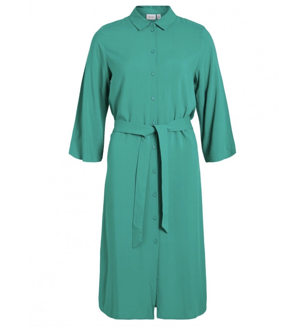 Robe chemise verte boutonnée à manches 3/4 et ceinturée à la taille VICELINA VILA. L'atelier de Louison à Grand Quartier.