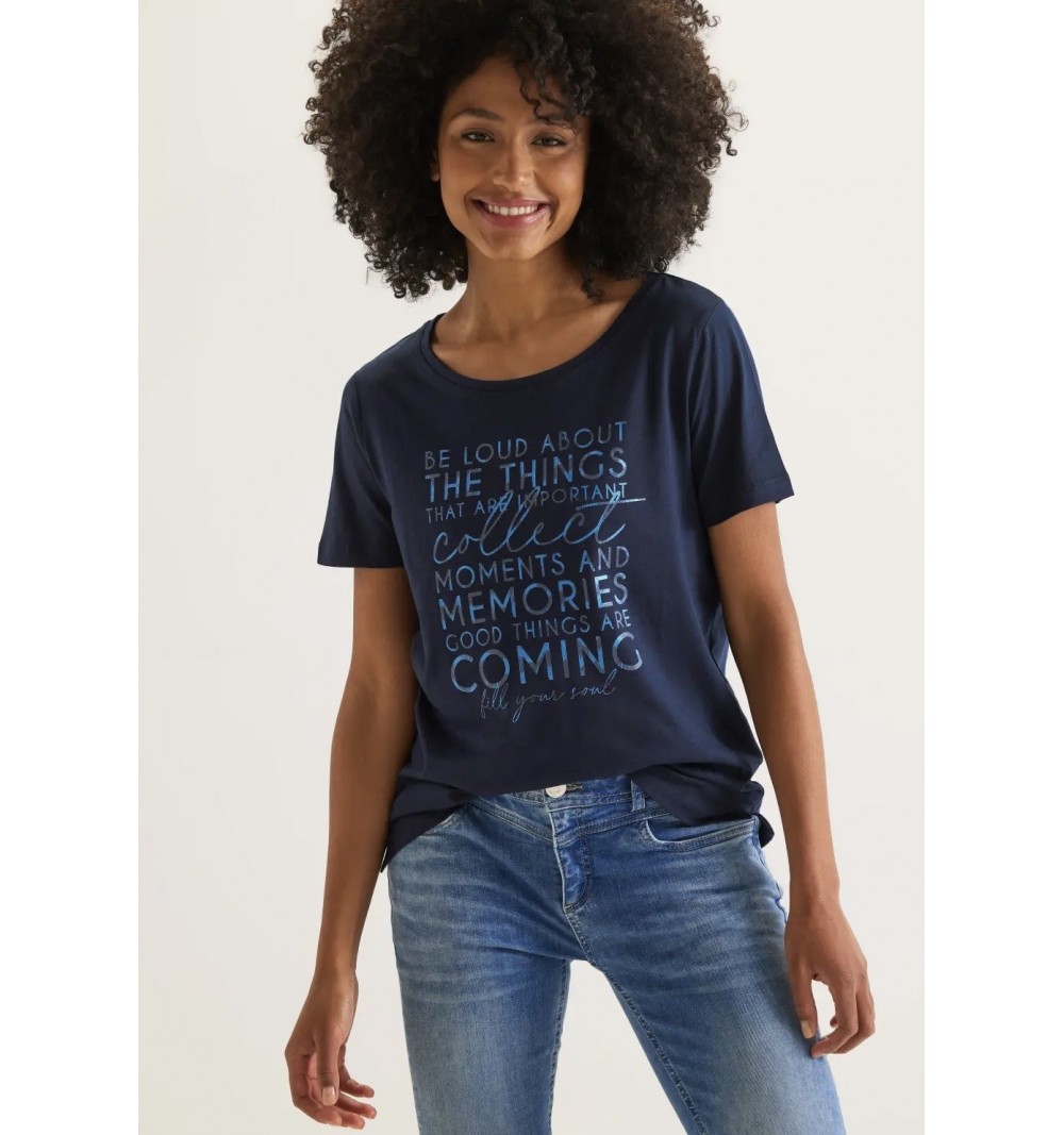 T-shirt bleu à manches courtes imprimé 319608 Street-One. L'atelier de Louison à Grand Quartier.