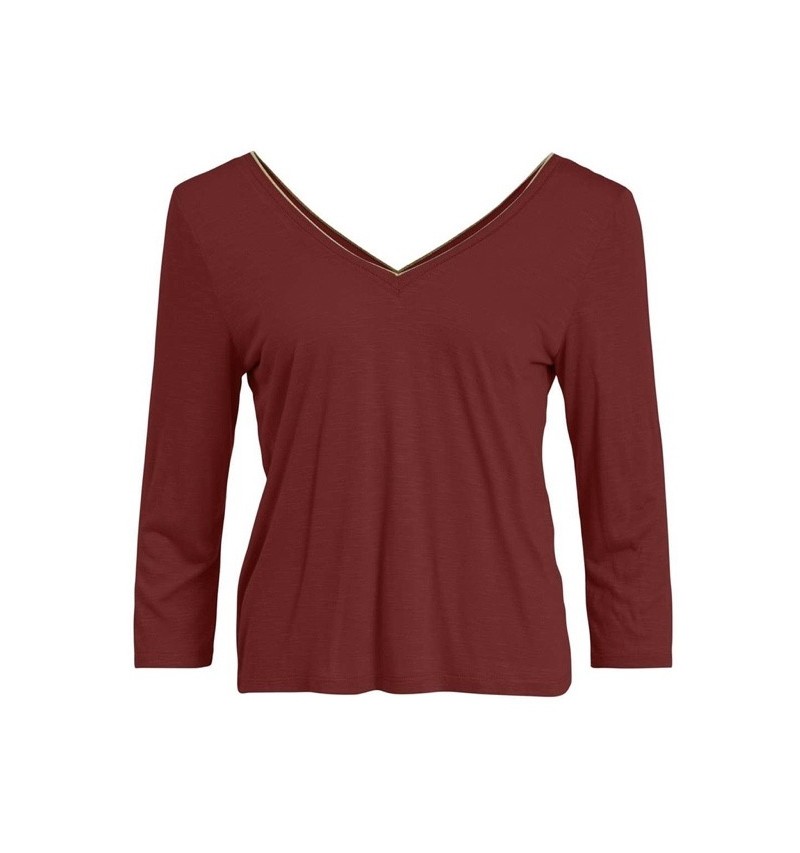 T-shirt fire brick à manches longues avec détail doré sur le décolleté. L'atelier de Louison à Grand Quartier.