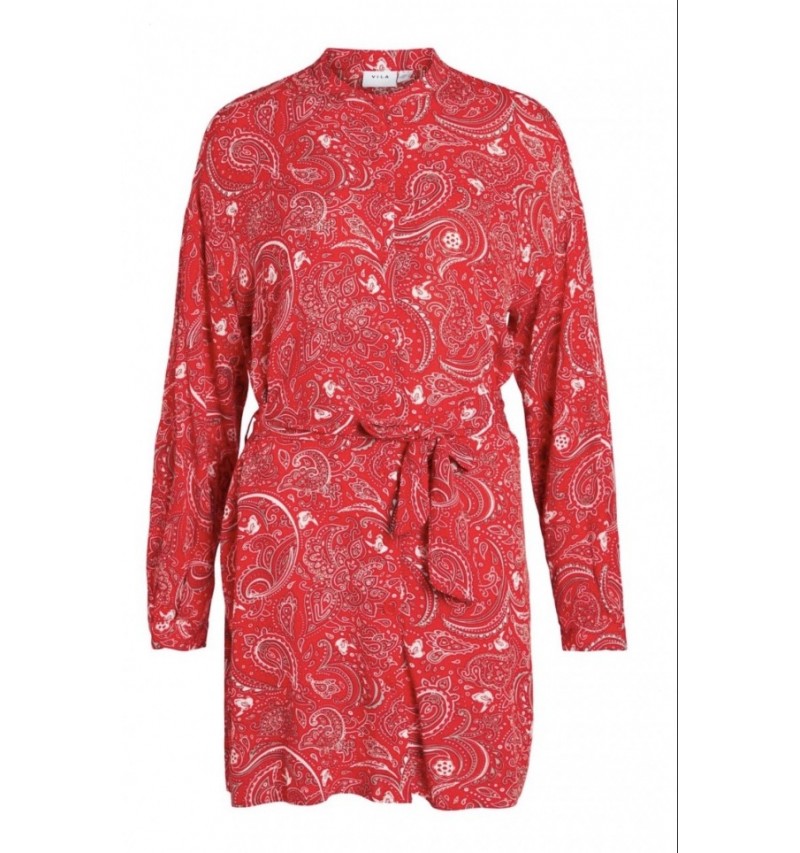 Robe rouge à motif bandana ceinturée à la taille. L'atelier de Louison à Grand Quartier.