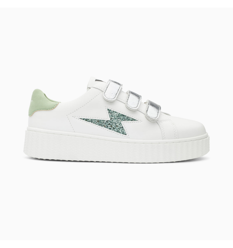 Baskets éclair Bonnie blanc et vert à scratchs argent